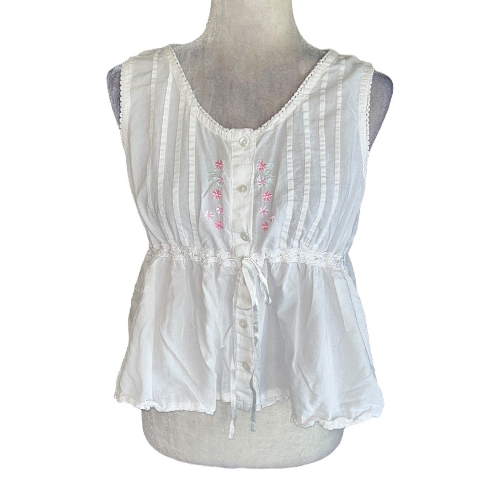 Laura Ashley Vintage Y2K White Embroidered Floral Tie Waist Peplum Crop Top  M